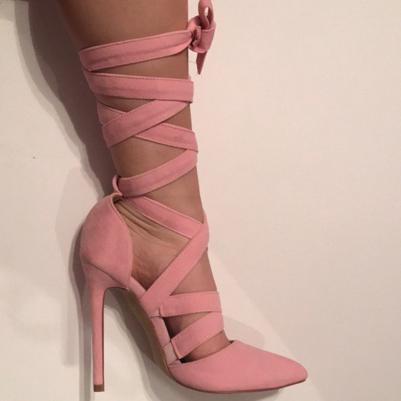 Pink Lace-Up Pointed Toe Heels - Picture 2 of 4